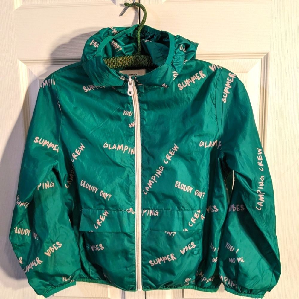 ZARA Girls Outerwear Collection Lined Hooded Windbreaker Glamping Green Size 9